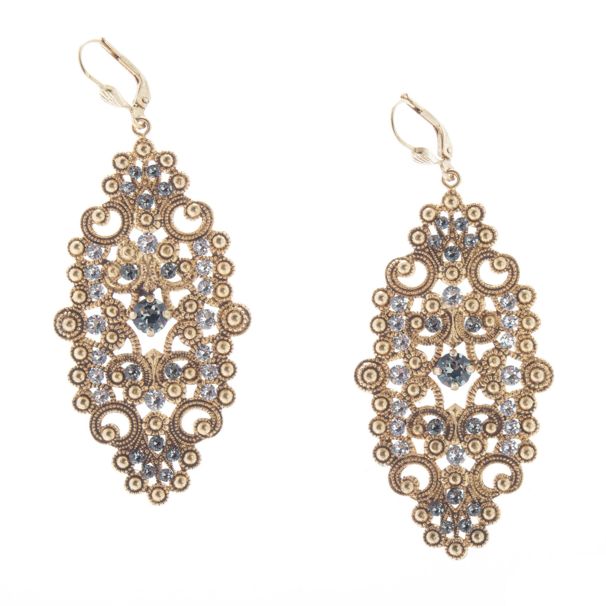 Catherine Popesco Large Gold Oblong Filigree Crystal Earrings