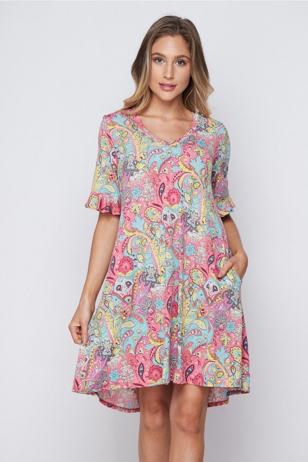 Honeyme Dress with Ruffle Sleeves & V-Neck - Pastel Floral Paisley Print