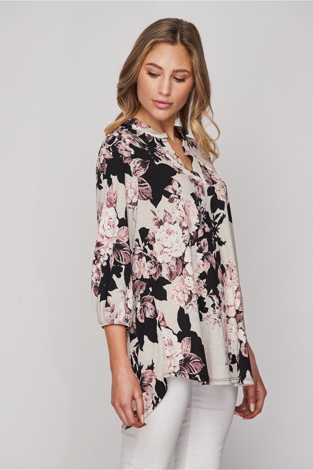 Honeyme Blouse Top with 3/4 Sleeves - Black & Blush Roses Print