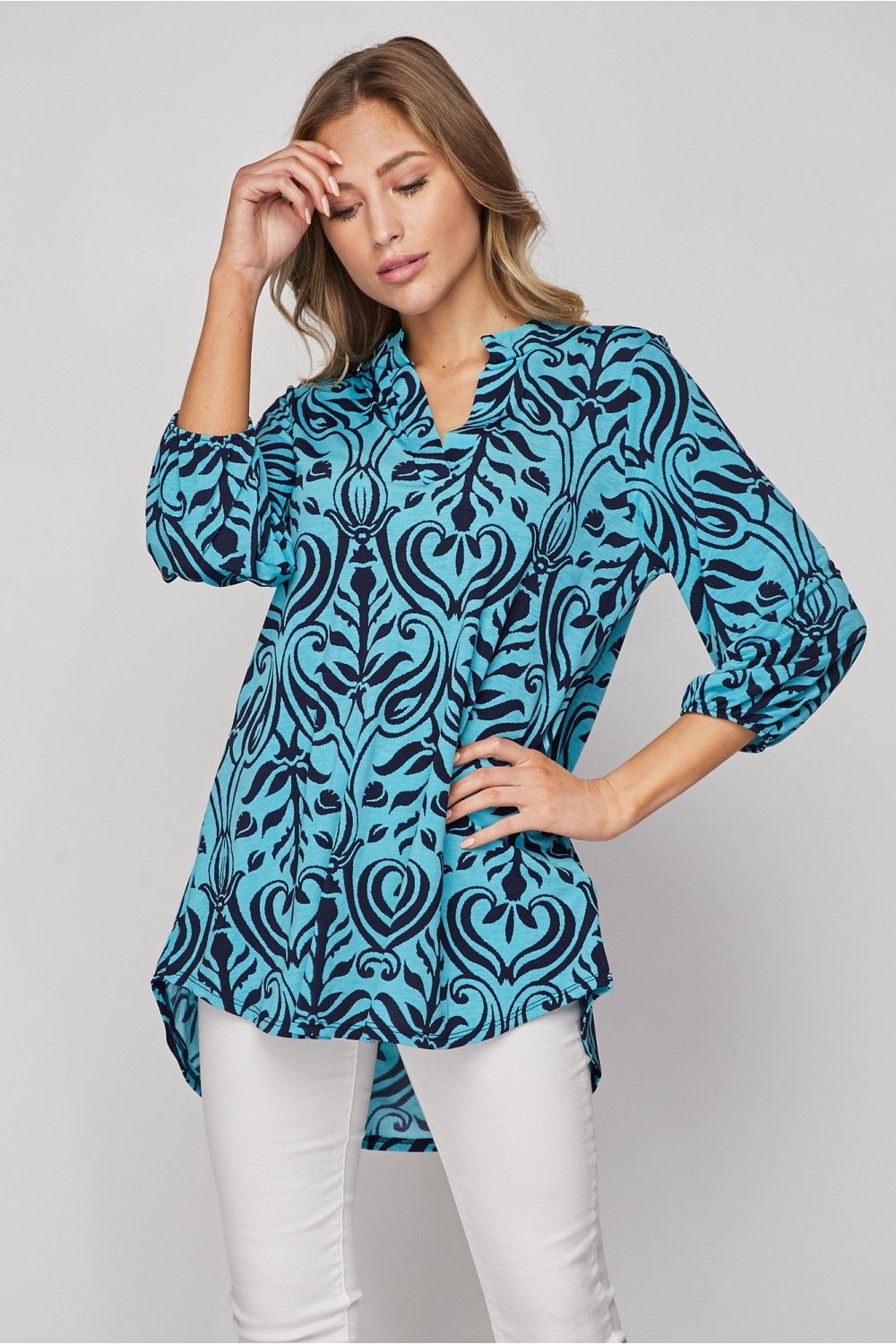 Honeyme Blouse Top with 3/4 Sleeves - Turquoise and Navy
