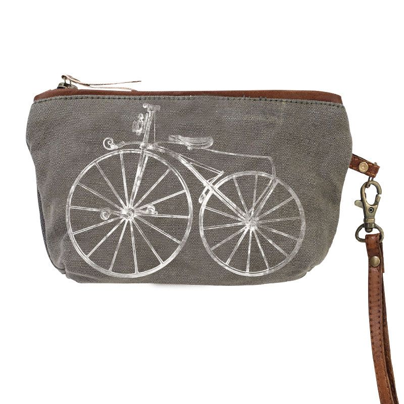 Bicycle Clutch Grey & White Canvas & Leather Bag by Clea Ray
