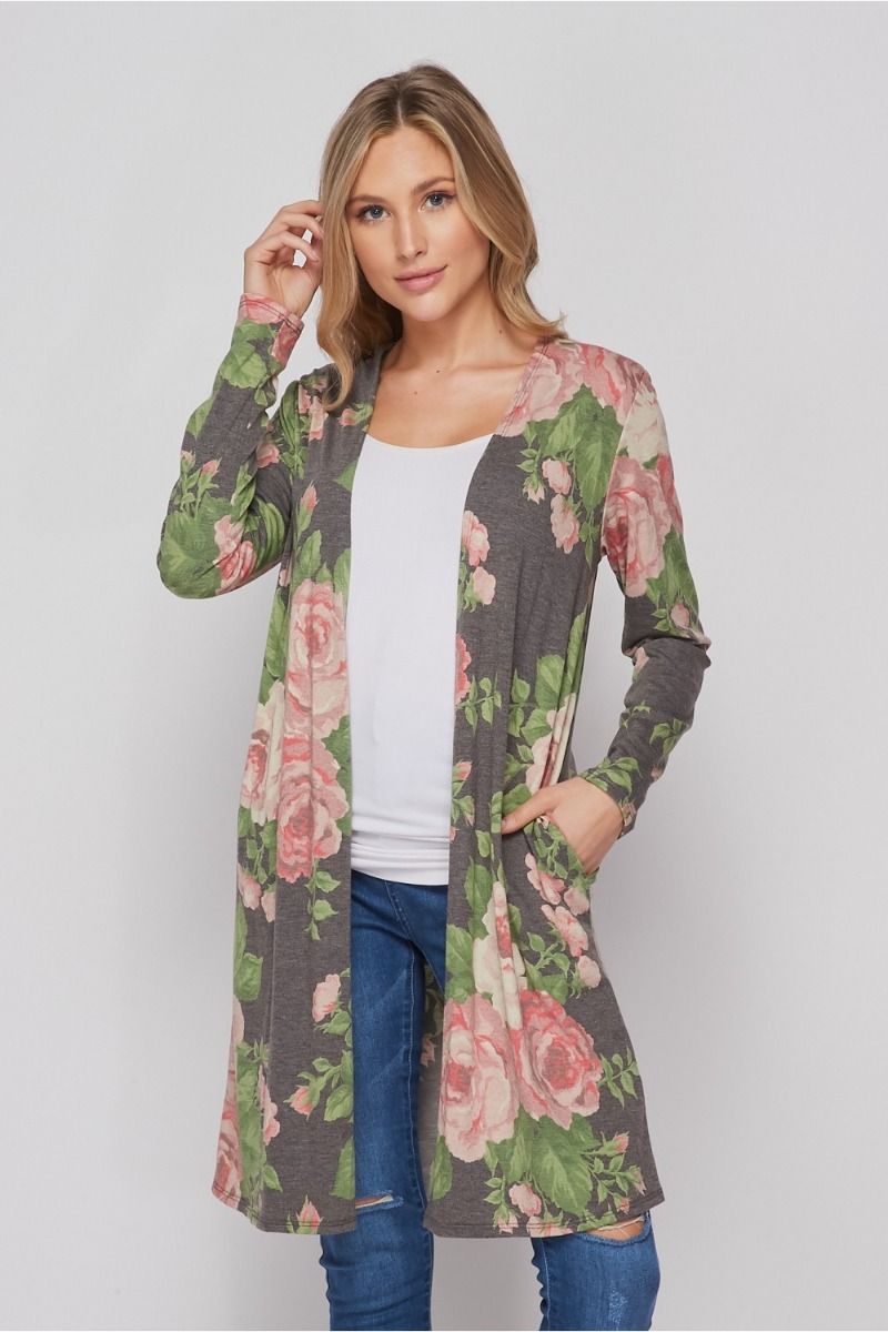 Honeyme USA Pink Roses Long Jersey Cardigan with Pockets
