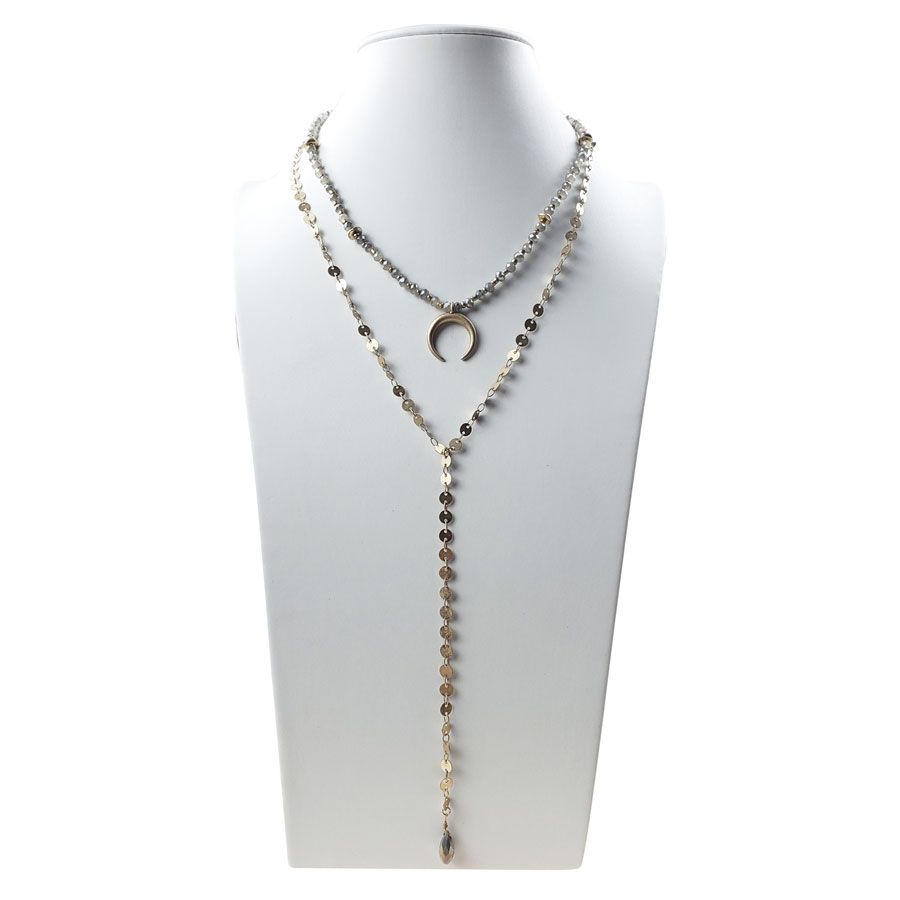 Sweet Lola Necklace - 2 Row Gold Disc Chain & Taupe Beads with Horseshoe