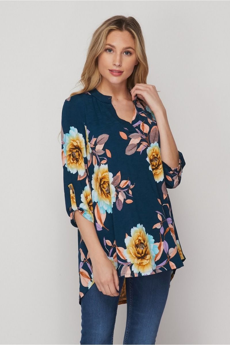 Honeyme Gabby Blouse Top with 3/4 Sleeves - Large Flower Print