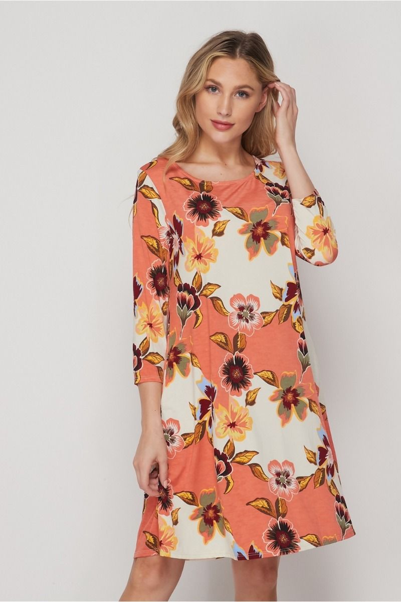Honeyme Swing Dress with Pockets - Peach & Ivory Floral Print