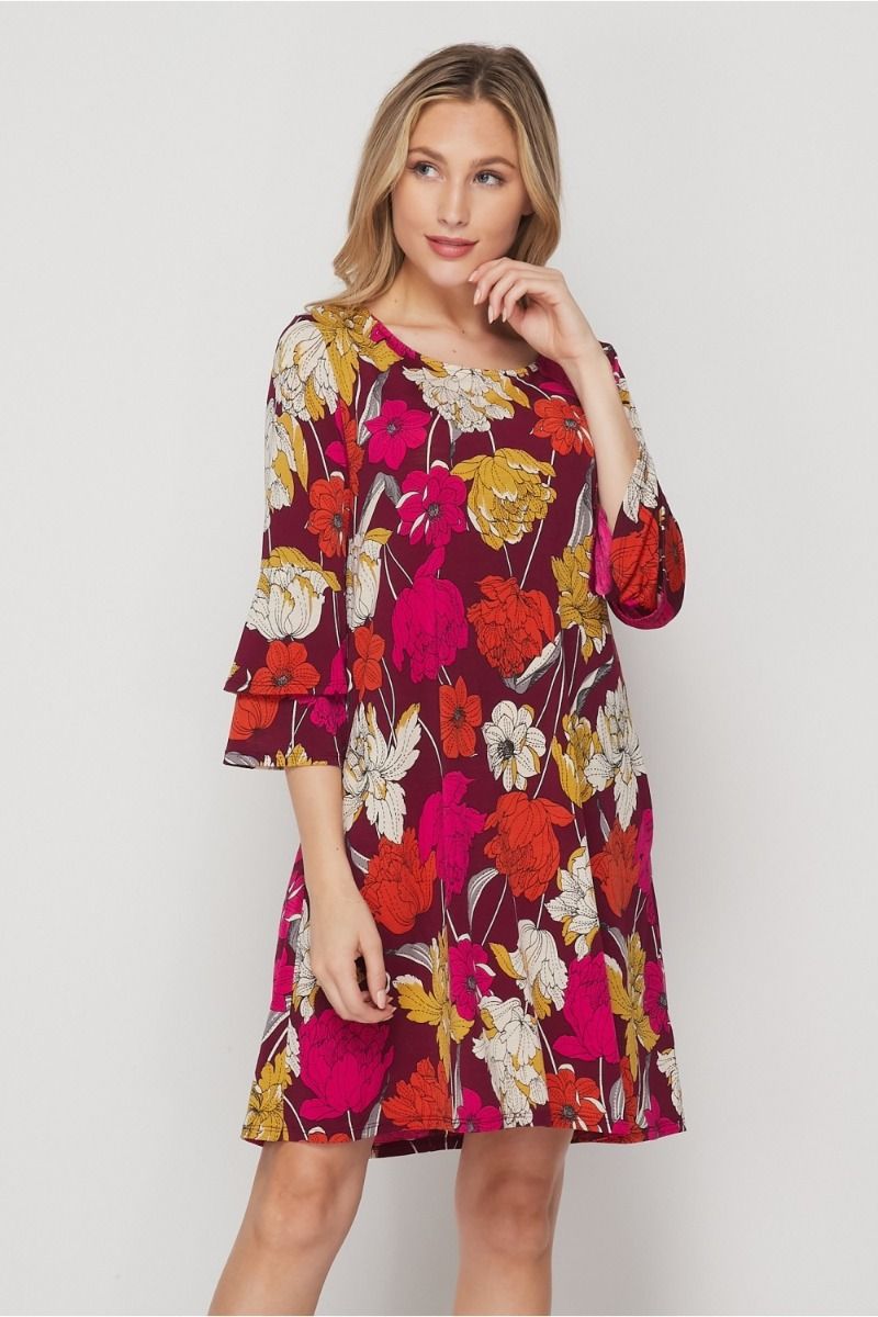 CURVY Plus Size Honeyme Swing Dress with Bell Sleeves - Red/Fuchsia ...