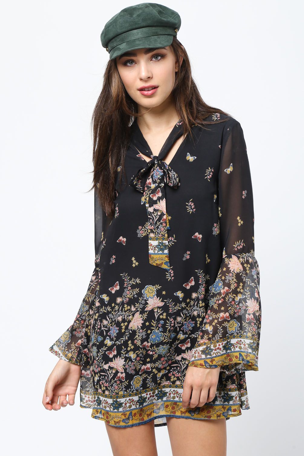 black floral dress with bell sleeves
