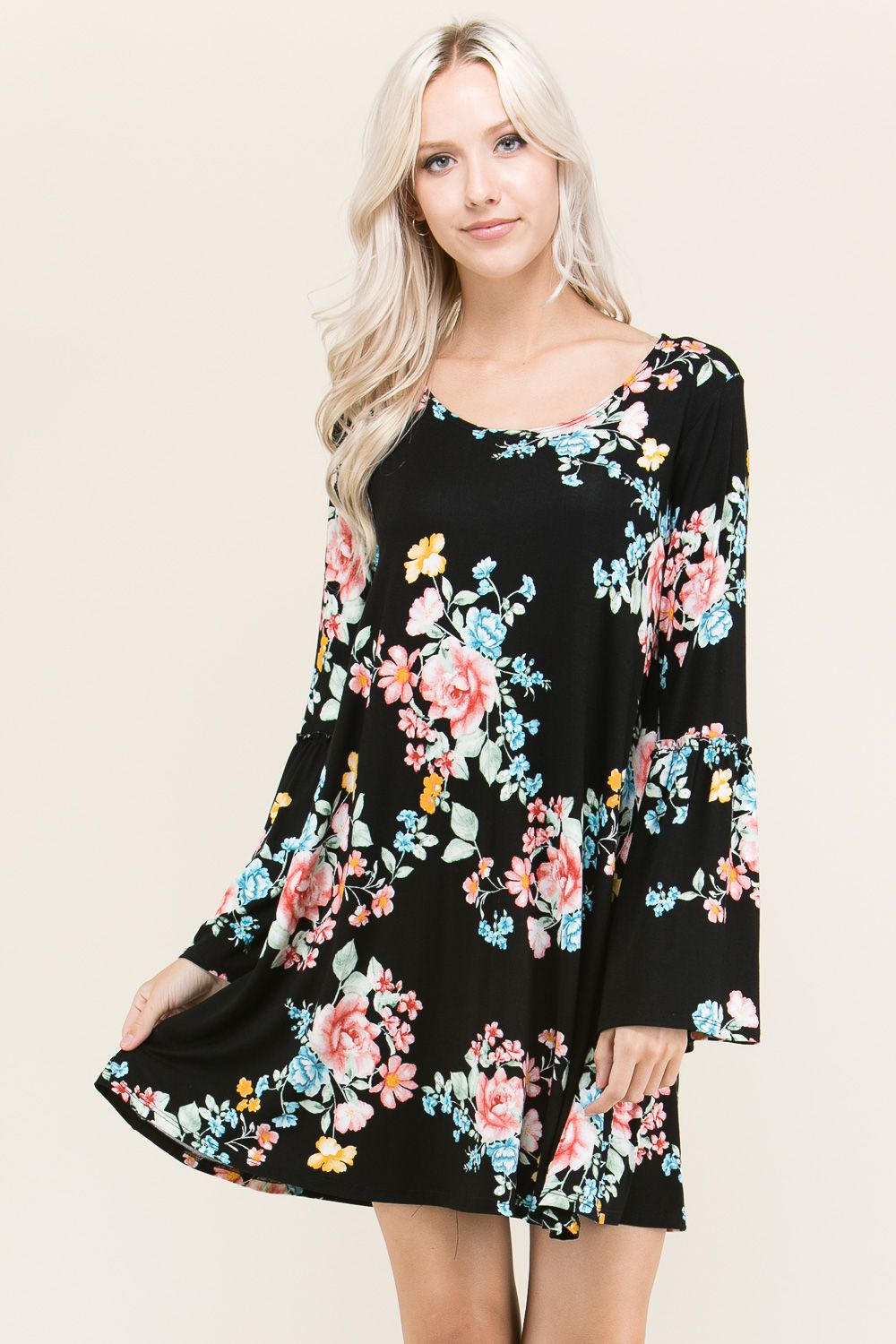 black floral bell sleeve dress